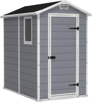 Keter Manor 4×6 Resin Outdoor Storage Shed Kit-Perfect to Store Patio Furniture, Garden Tools Bike Accessories, Beach Chairs and Lawn Mower, Grey & White image 0